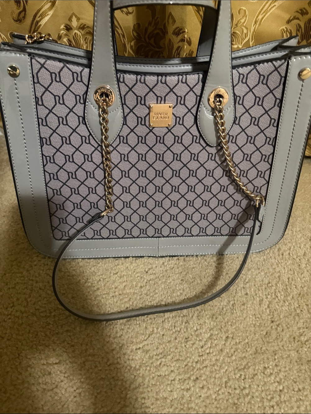 River Island Light Blue Patterned Tote with Gold Chain Detail